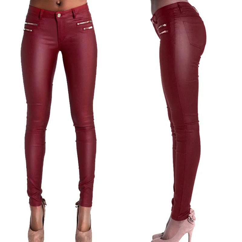Брюки женские из искусственной кожи брюки с высокой талией большого размера эластичный стрейч цвет красного вина для женщин Pantalon Femme обтягивающие джинсы