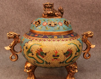 

USPS to USA S1708 20" Marked Tibet Cloisonne Bronze Royal Palace Dragon Lion Statue Incense Burner