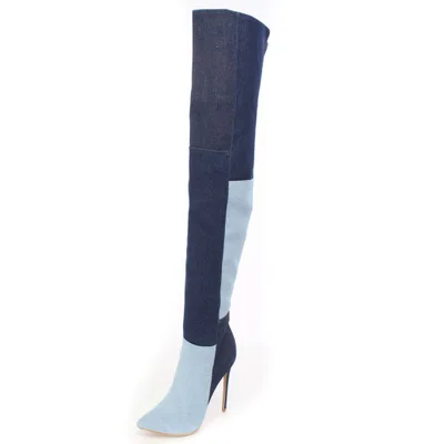 

Newest Women Blue Denim Leather Patchwork Pointed Toe Knee High Boots Winter Fashion Side Zipper High Thin Heel Booties