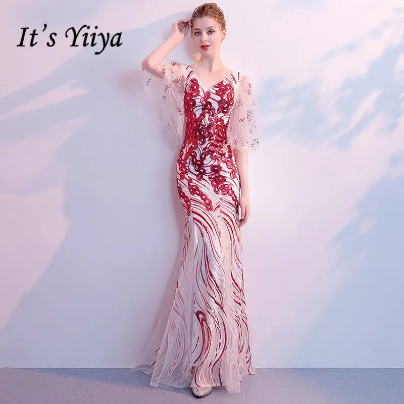 

It's YiiYa Evening Dress 2019 Red Bling Real Sequined V-neck Back Zipper Illusion Trumpet Evening Gowns SB029 robe de soiree