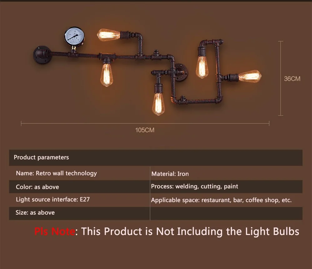 Винтажный светодиодный настенный светильник в виде железной трубы, винтажный светильник для прохода, металлические настенные светильники в стиле лофт, лампа E27, лампы Эдисона для бара, гостиной, 110 В, 220 В