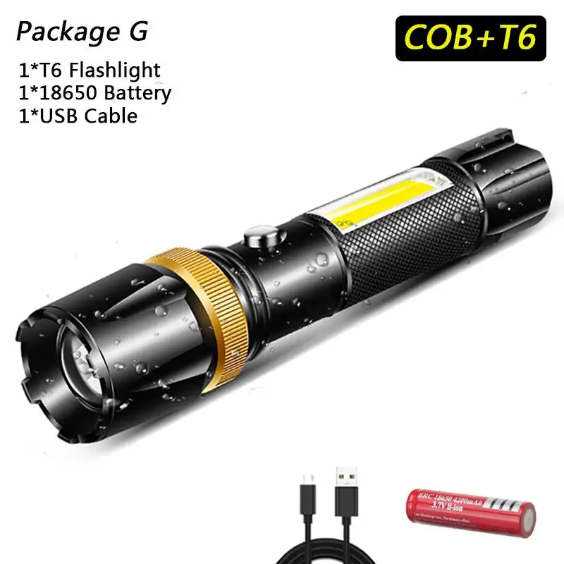 G Яркий светодиодный светильник-вспышка, водонепроницаемая COB лампа, USB Перезаряжаемый светильник, супер яркий, 5 режимов, питание от аккумулятора 18650 для кемпинга - Испускаемый цвет: G