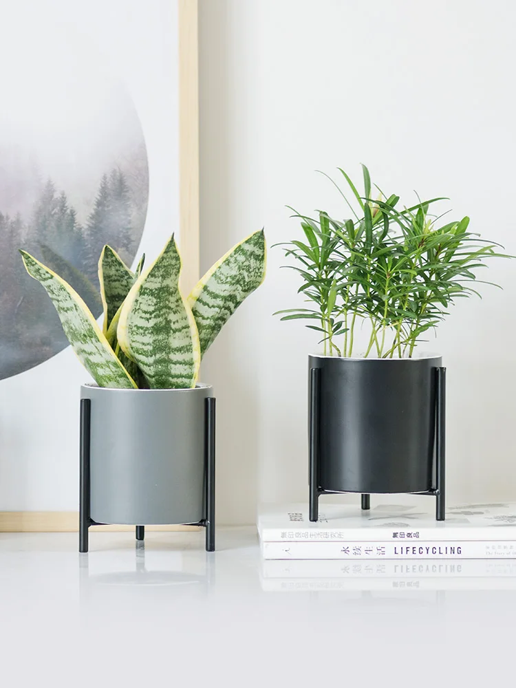 

Nordic Green Plant Flower Pot Ceramic Flower Planters with Iron Shelf Succulent Plant Pot Home Decorative Flower Vase with Hole