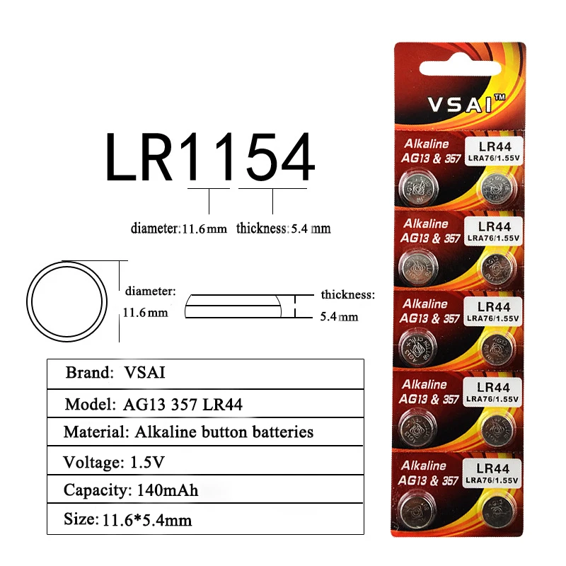 10 шт./лот VSAI AG13 357 LR44 кнопки сотового 1,5 В щелочные батарейки для игрушек Часы