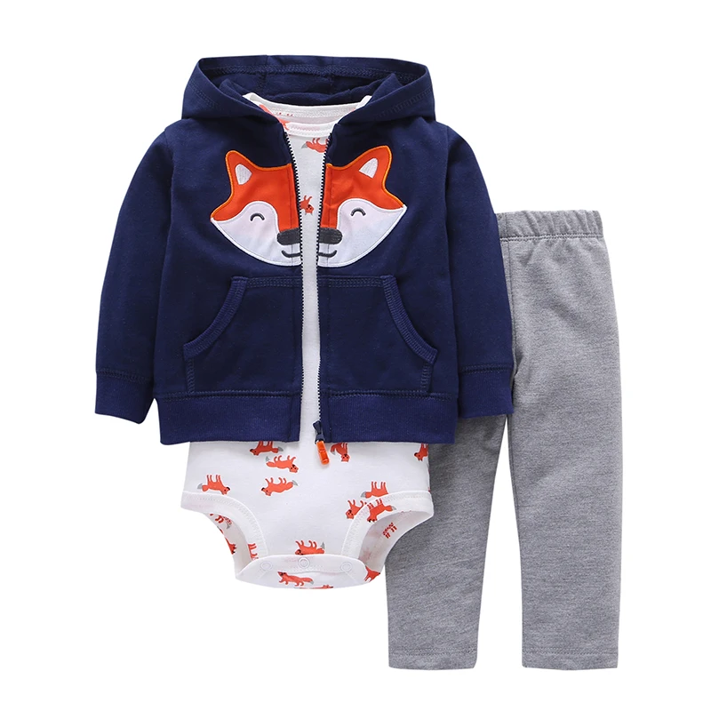 2018 autumn baby boy clothes long sleeve cotton hoodie+fox romper+ gray pants 3 pieces clothing set for 6-24m bebes outfit set