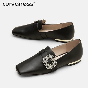 

Curvaness Women Flats Leather Shoes Fashion Slip on Loafers ladies Crystals Casual Shoes Mules Female Summer Loafers