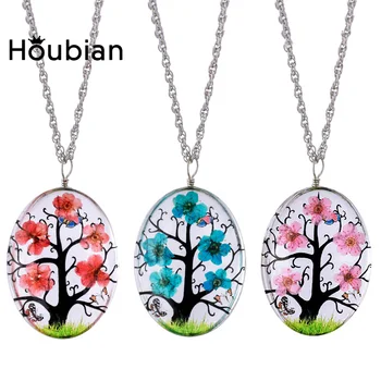 

Houbian Wholesale Crystal Glass Flower Pendant Necklace Life Tree Butterfly Dried Flower Necklace for Women