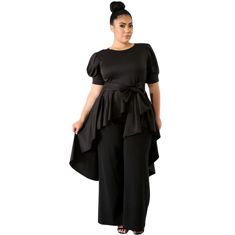 

2018 Autumn Women Fashion Ruffle Oversized Office Lady T-Shirt White Black Puff Long Tail Plus Size Top