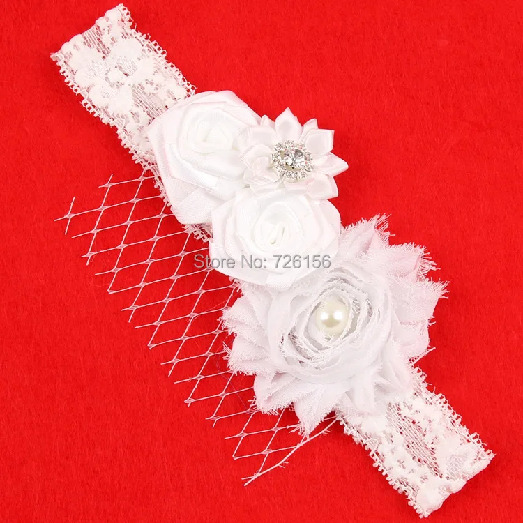 

90pcs/lot Baby Lace Headband Shabby Chiffon Flower With Double Satin Rose flower Net Headband