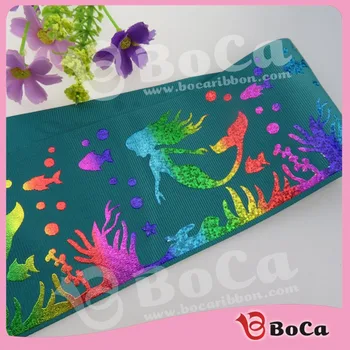 

new products 3"75mm 100 yardsainbow mermaid hologram grosgrain ribbon accept custom and wholesale