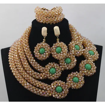 

Popular Champagne Wedding Statement Necklace Set Gold and Green Nigerian Bridal Jewelry Set Handmade Crystal Free Shipping QW094