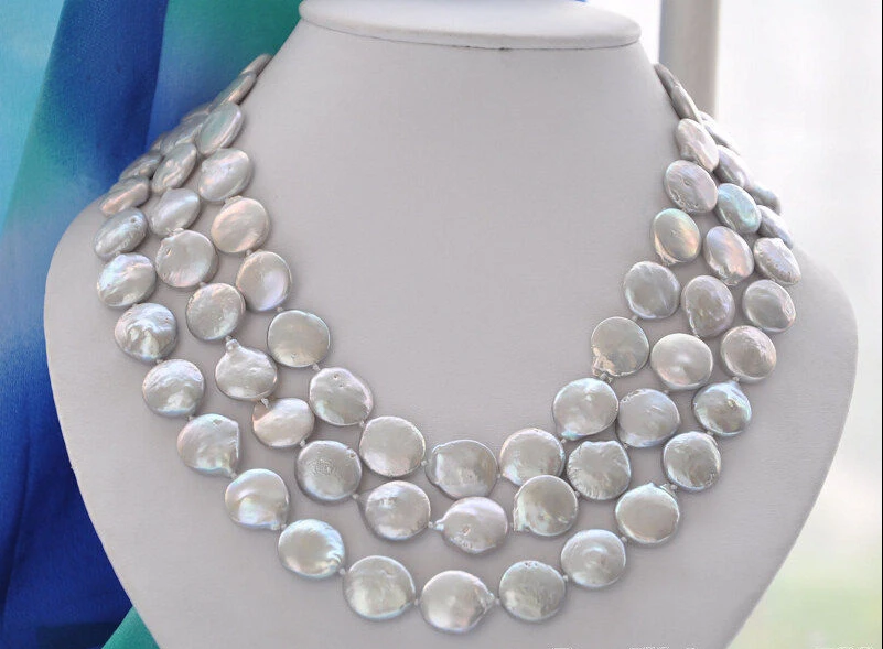 

FREE SHIPPING ***** ***Z5570 REAL 3row 19" 14mm gray coin freshwater pearl necklace
