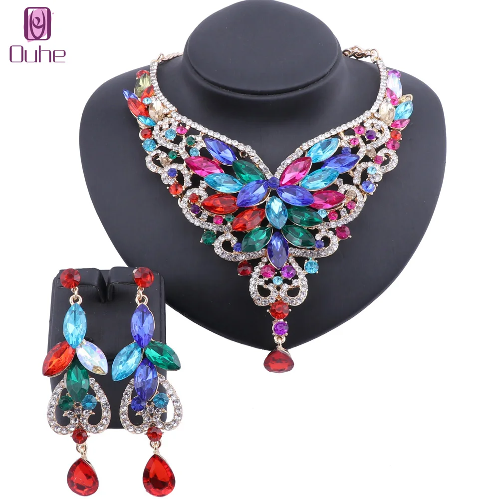 

Women African Beads Jewelry Sets Cz Crystal Necklace Earring Jewelries Set Gold Color Statement Accessories Set 9 Colors