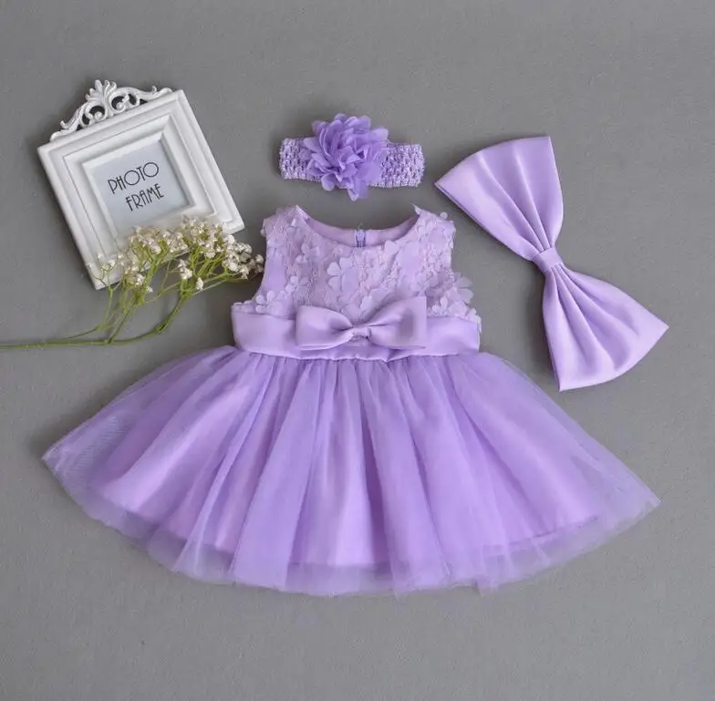 purple with Headband Платье для крещения для маленьких девочек кружевное платье с фатиновой юбкой для дня рождения детская одежда для свадебной вечеринки Крестильная одежда для новорожденных+ повязка на голову - Цвет: purple with Headband