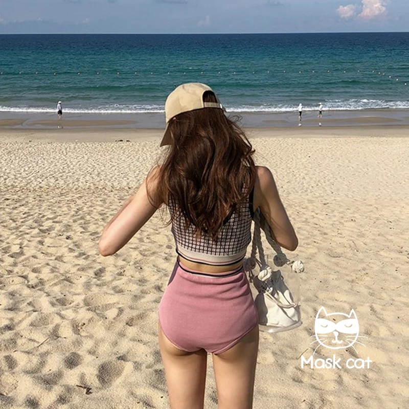 Бикини для женщин женский купальник Saida De Praia женский ретро Ins трикотажные костюмы с отворотом шеи Bump цветной пляжный принт