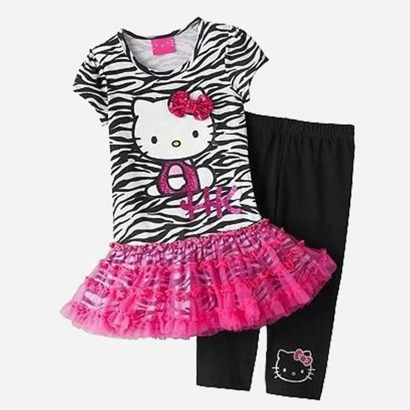 

2019 summer new children's clothing girls leopard suit cute Hello Kitty cotton gauze dress + leggings piece