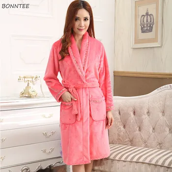 

Robes Women Long Sleeve Thicker Elegant Soft Leisure Trendy Womens Solid Bathrobe Flannel Chic Loose Winter Sleepwear Robe Daily