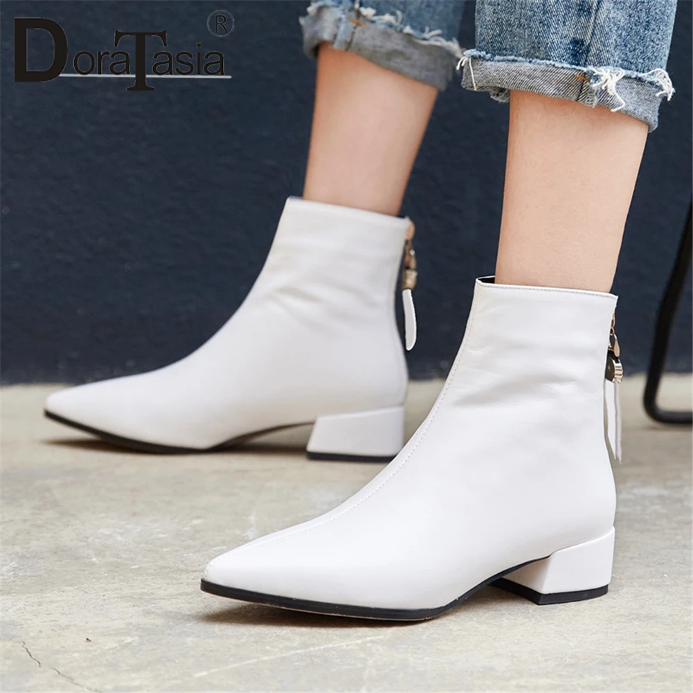 

DORATASIA New Arrivals Genuine Cow Leather Chunky Heels Winter Boots Woman Shoes Zipper Black White Ankle Boots Shoes Woman