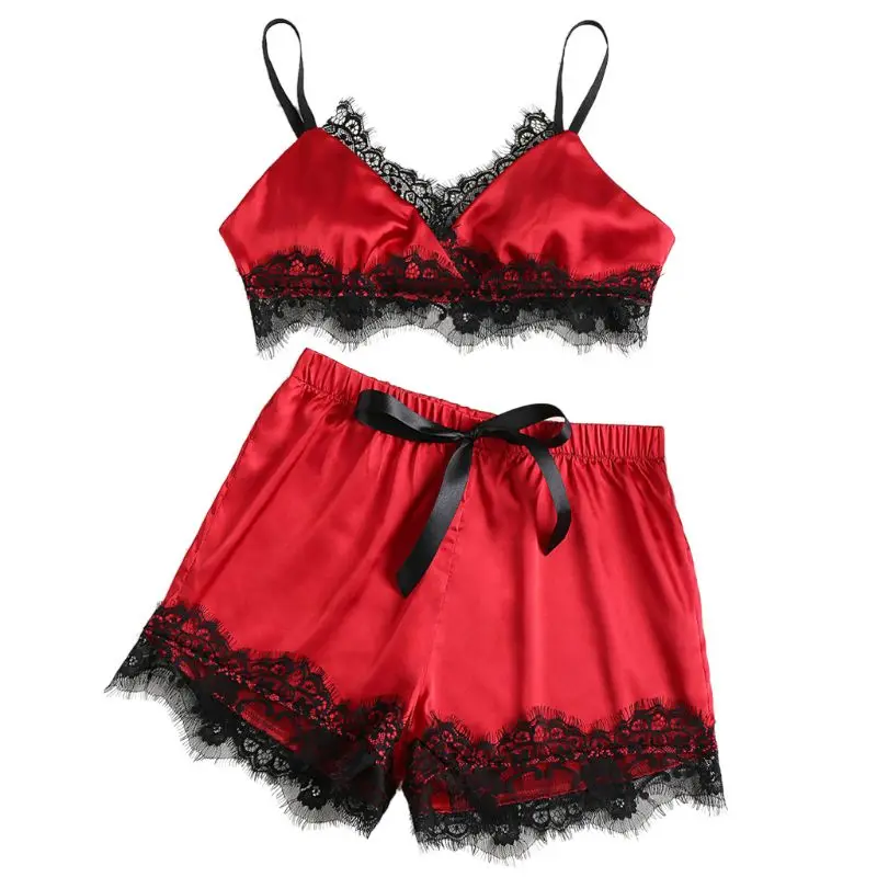 

Women Summer Contrast Sexy Pajamas Set Spaghetti Crop Top Bra Wide Leg Shorts Eyelash Floral Lace Patchwork Sleepwear