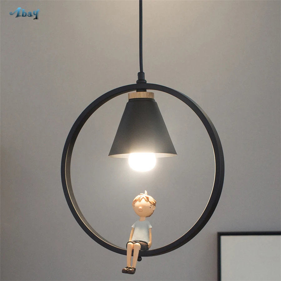 

Creative Children Room Girl Lamp Resin Puppet Ring Shape Pendant Lights Romantic Kids Bedroom Led Wood Hanging Light Fixtures