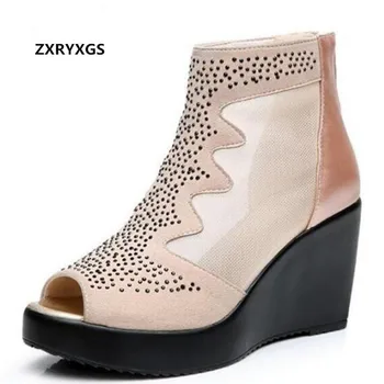 

ZXRYXGS Brand Sandals Rhinestone Shoes Woman Fashion Sandals 2019 Mesh Cow Leather Shoes Ankle Boots Wedges Sandals High Heels