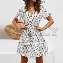 CUERLY V-neck polka dot print plus size women dress Summer casual female mini dress Ruffled short sleeve button sashes dress CUERLY V-neck polka dot print plus size women dress Summer casual female mini dress Ruffled short sleeve button sashes dress