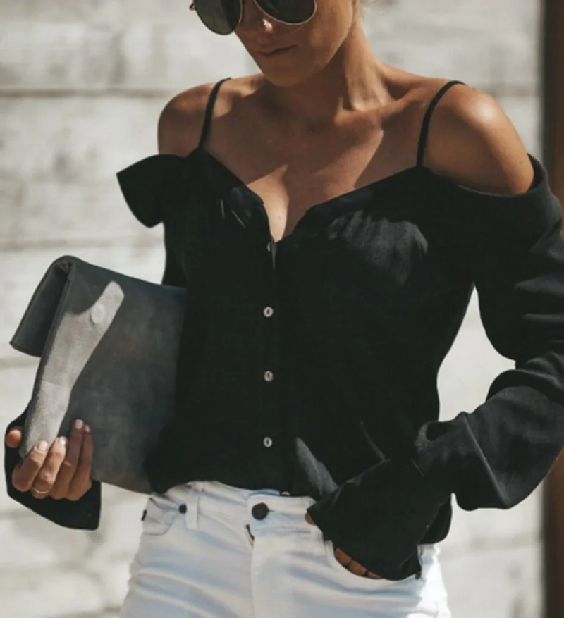

2019 new European and American women's shirts One-shoulder V-neck Lantern sleeves solid color strap shirt