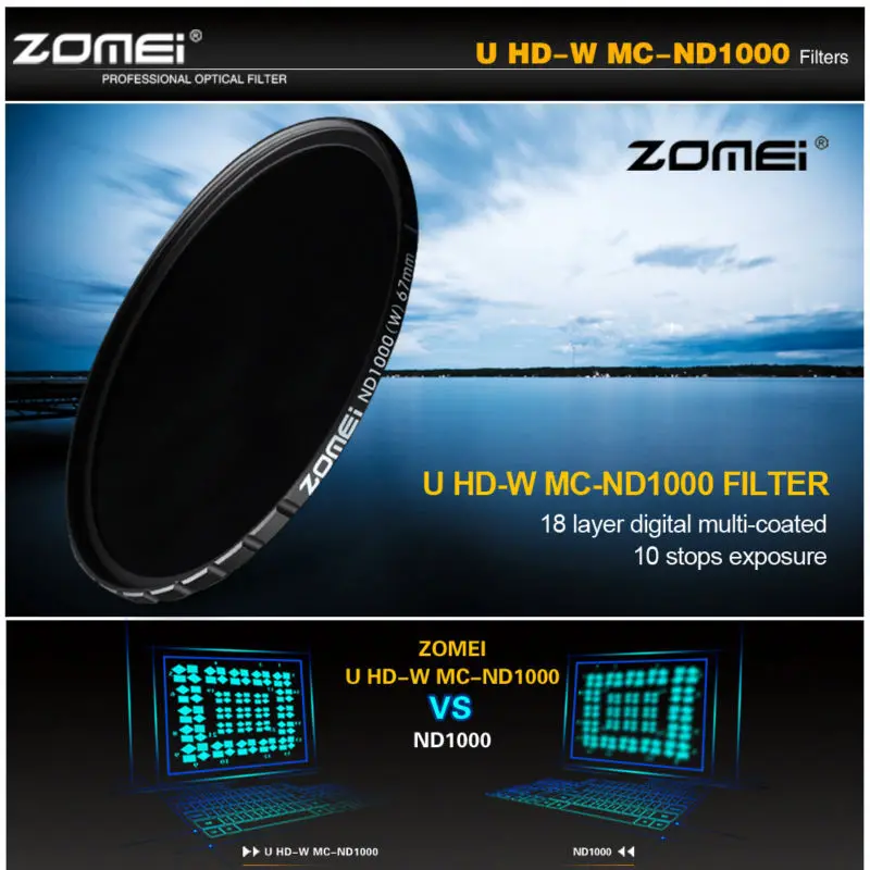 Фильтр ZOMEI ND1000 HD ND тонкий 58 мм 18 слоев многослойный 10 stop/3 0 нейтральная плотность
