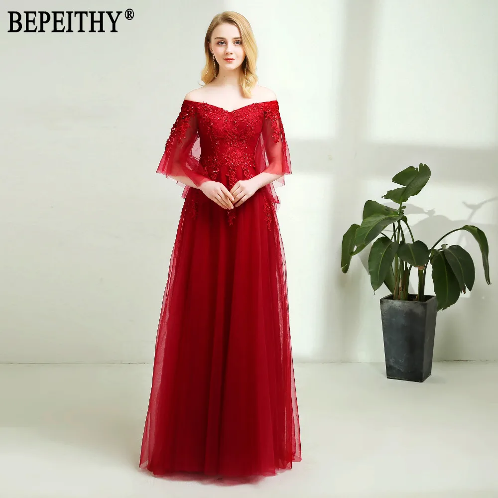 BEPEITHY дизайн vestido de festa с коротким рукавом и аппликацией из бисера тюль с v-образным вырезом винные Вечерние платья Длинные