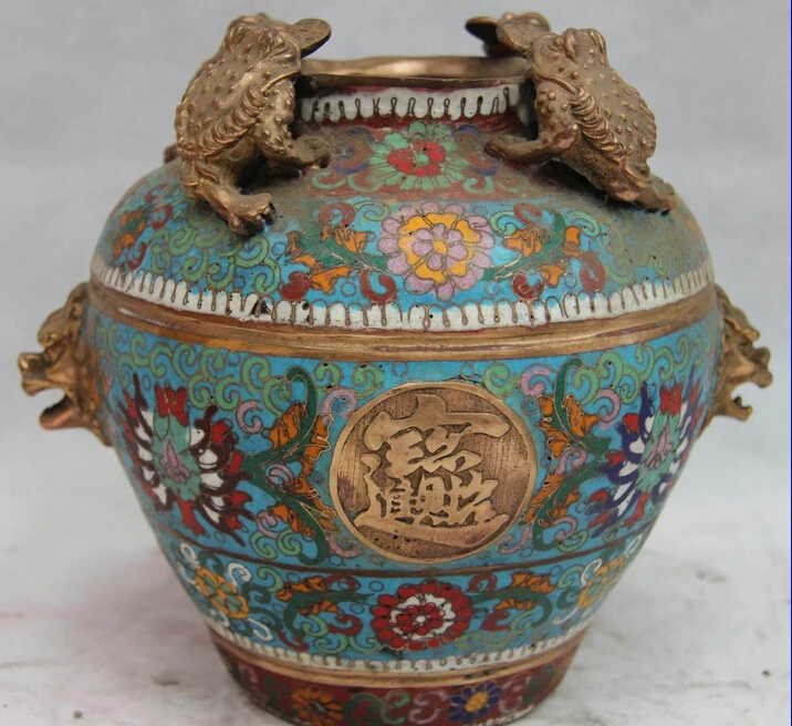 

S0639 8 China Palace Copper Bronze Cloisonne Enamel Gold toad Tank Jar Crock Pot Vase D0317