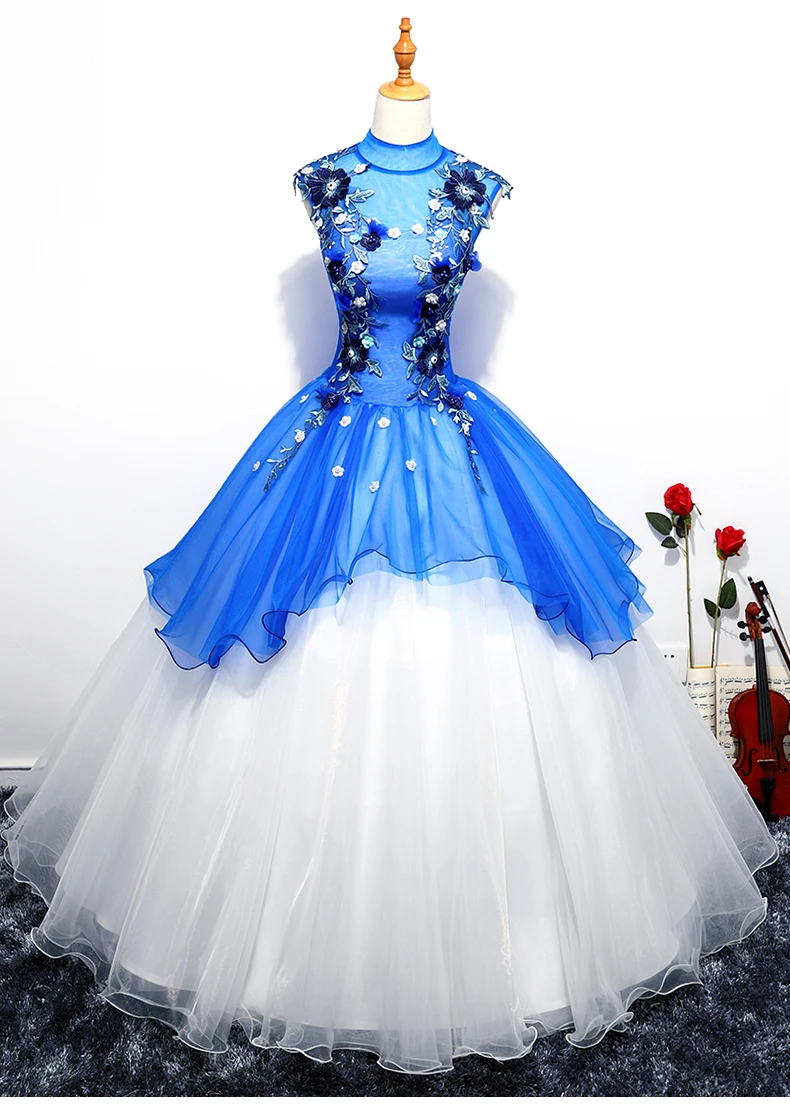 blue and white evening gown