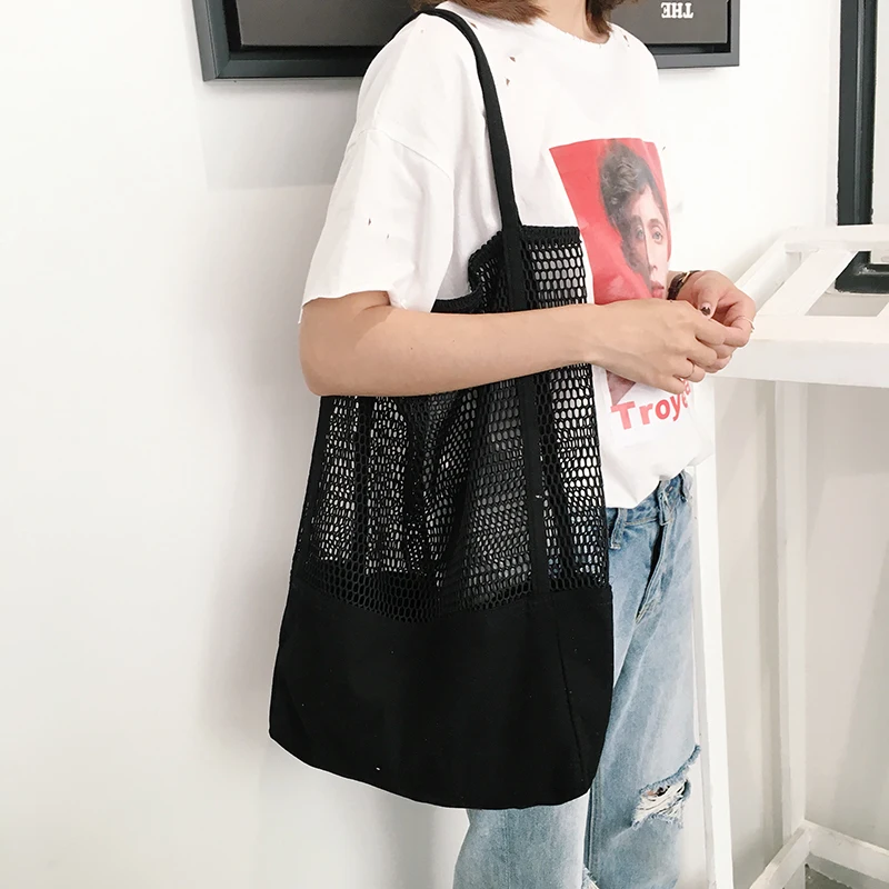 

Mesh openwork casual summer shoulder bag black canvas travel bag fashion beach bag large capacity women's white handbag