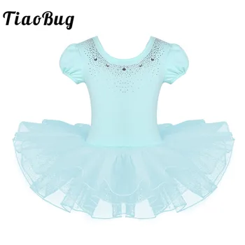

TiaoBug 2-8 Years Kids Girls Mesh Short Bubble Sleeve Sparkly Rhinestones Ballet Dance Gymnastics Leotard Ballerina Tutu Dress
