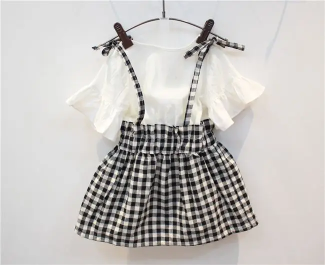 

JENYA 2017 new baby girls summer flare sleeve gray plaid bow short t-shirt braces dress princess cute casual dress 2-10Y