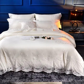 

4-Pieces Imitated Silk Luxury Bedding Set printed Bed Set King Queen Bed Linens lace Duvet Cover Bed Sheet