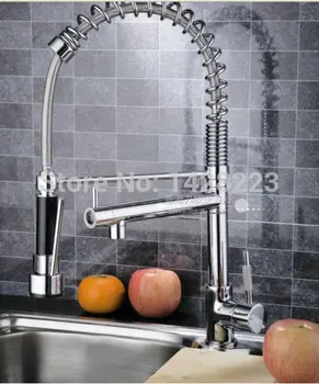 Chrome Finished Single Handle Double Spout Kitchen Faucet Deck Mounted Kitchen Vessel Sink Mixer Tap