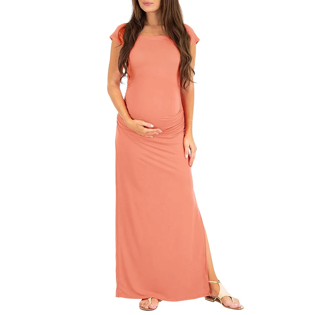 Новое Женское платье для беременных; Материнство с коротким рукавом; однотонное Повседневное платье с разрезом; платья для беременных; для фотосессии; Макси платье