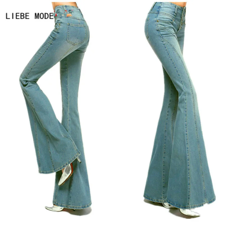 Womens Button Fly Push Up Jeans Women Skinny Leg Blue Denim Pants Big Bell Bottom Jeans Woman High Waist Flare Jeans for Women