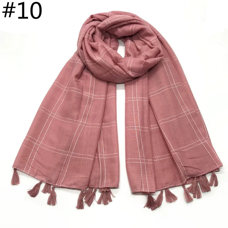 1 шт. Модный женский шарф с кисточками в клетку, однотонный хиджаб, мягкая вискоза, хлопок, шаль, популярный дизайн, шарфы пашмины, 10 шт./партия
