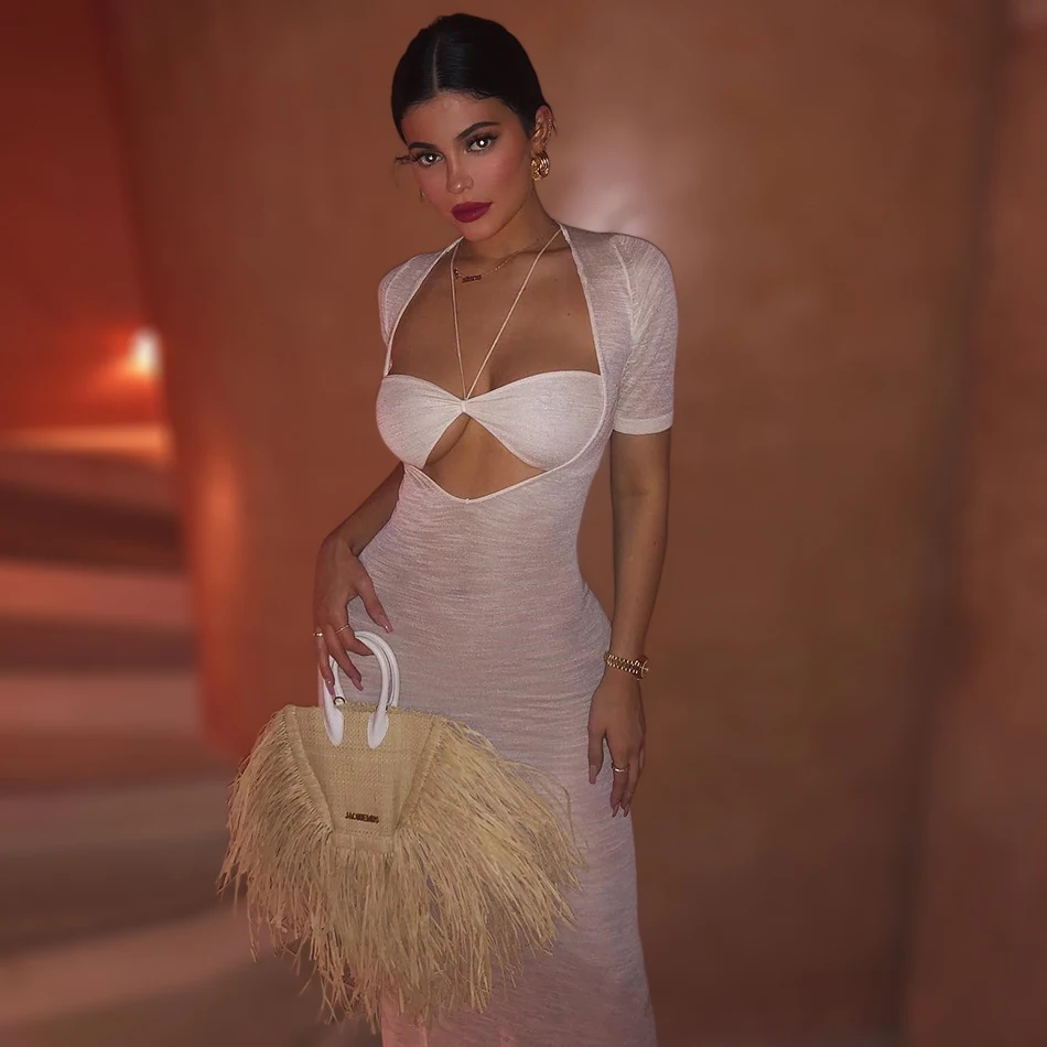 Женское длинное прозрачное платье KylieJenner Белое Прозрачное бандо с вырезами и