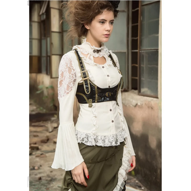 

Vintage Long Flare Sleeves Lace-up Back Steampunk Victorian Halter Blouse SP175WI