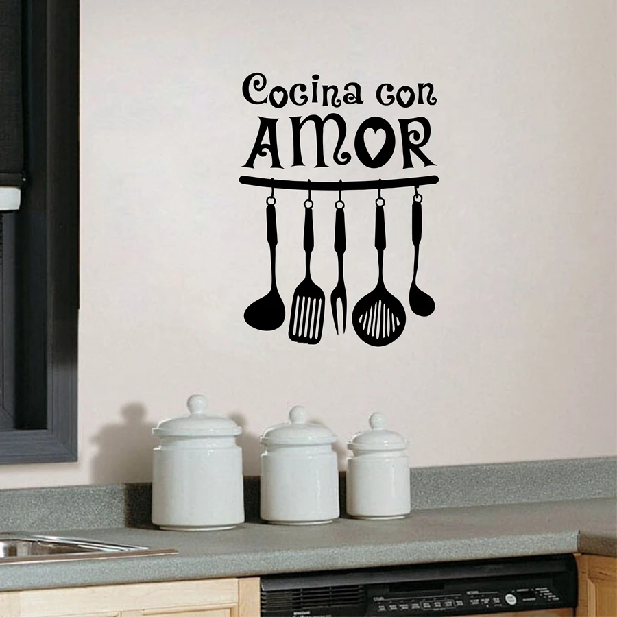 Испанская виниловая настенная наклейка Cocina Con Amor Wall Art Декали с цитатами настенные украшения для кухни