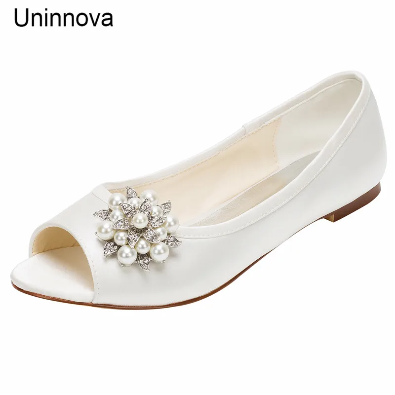 

Wedding Peep Toe Satin Flats Banquet Bridal Bridesmaid Shoes Prom Flower Bead Crystal Handmade White Ivory Uninnova 331-7-1 LY