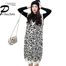 Осенне-зимний загруженный большой размер вязаный свитер женский утолщенный жилет в длинном разделе v-образный вырез Леопардовый свитер жилет
