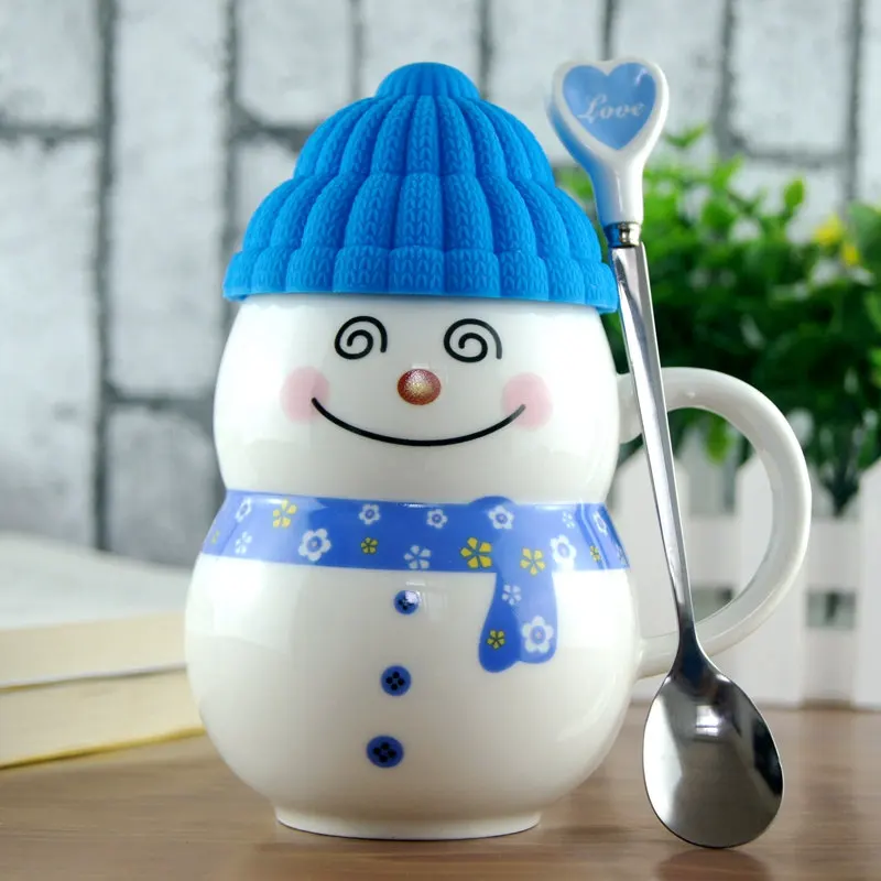 330 мл чашки со снеговиком, креативные рождественские подарки, кофейные молочные чашки, керамическая чайная чашка для рождества, подарок на день рождения, кружка с ложкой - Цвет: Blue with spoon