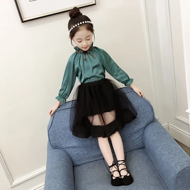 

School Big Children Clothing 2 Pcs Suit Girls Sets Clothes Spring Autumn Shirts Long Sleeve + Tulle Skirts Baby Girl Kids Set