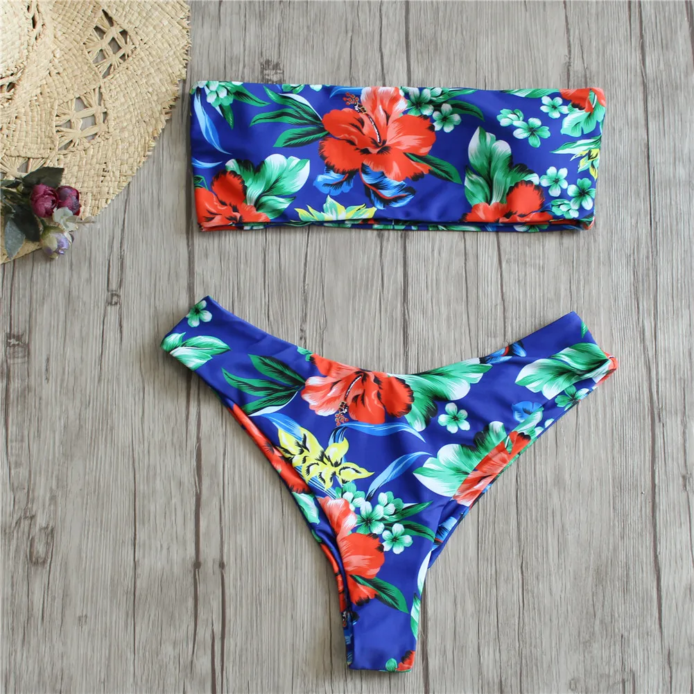 

Floral Print Swimwear Sexy Bandeau Bikini Set 2018 Cut Out Bandage Swimwear Push Up Swimsuit Bathing Suit Brazilian Bikini