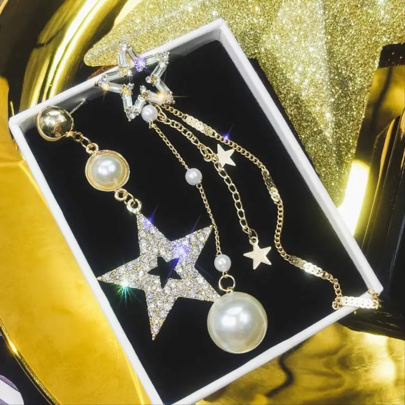 

Korean Style Asymmetric Gold Star Drop Earrings for Women Long Tassel Pearl Crystal Dangle Earrings Fashion Jewelry Dropshipping