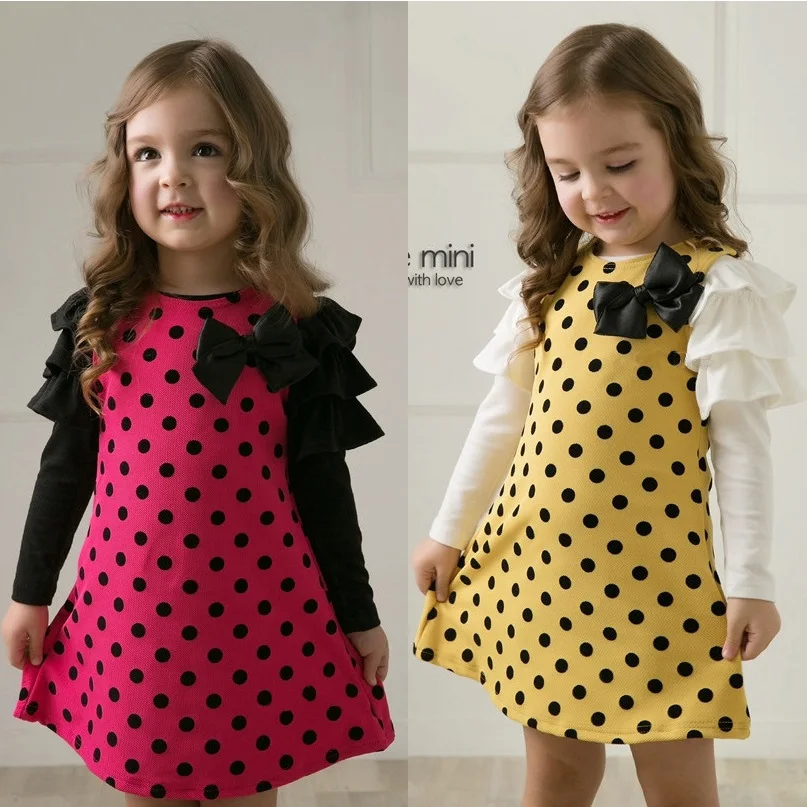 2017 Spring Polka Dot Girls Dresses Bowtie Long Sleeve Girls' Jumpers Blouse Children Clothes 100% Cotton | Детская одежда и