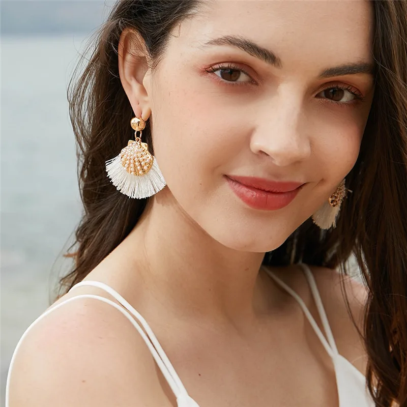 

BOBIGIULAI Brand Women Earrings 2019 Fan-Shaped Drop Tassel Earrings Pearl Earrings Alloy Shell Dangle Earrings For Women 6Color